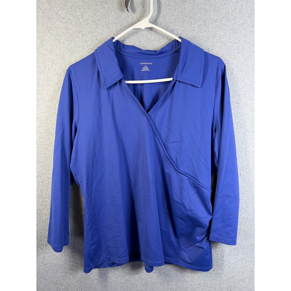 Lands' End Blouse Womens Large Blue Wrap Front 3/4 Sleeve Stretch Tunic Top